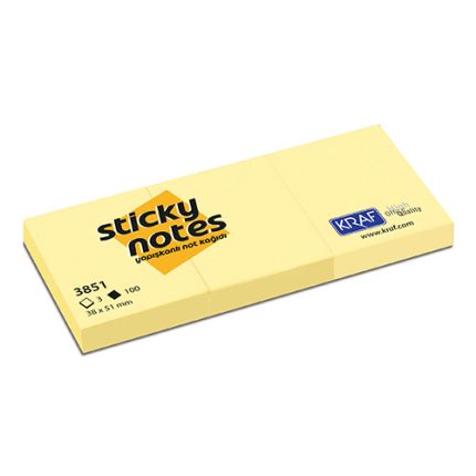 Kraf 3851 Yapışkanlı Not Kağıdı 38 x 51mm Sarı 100 Yaprak 3 adet
